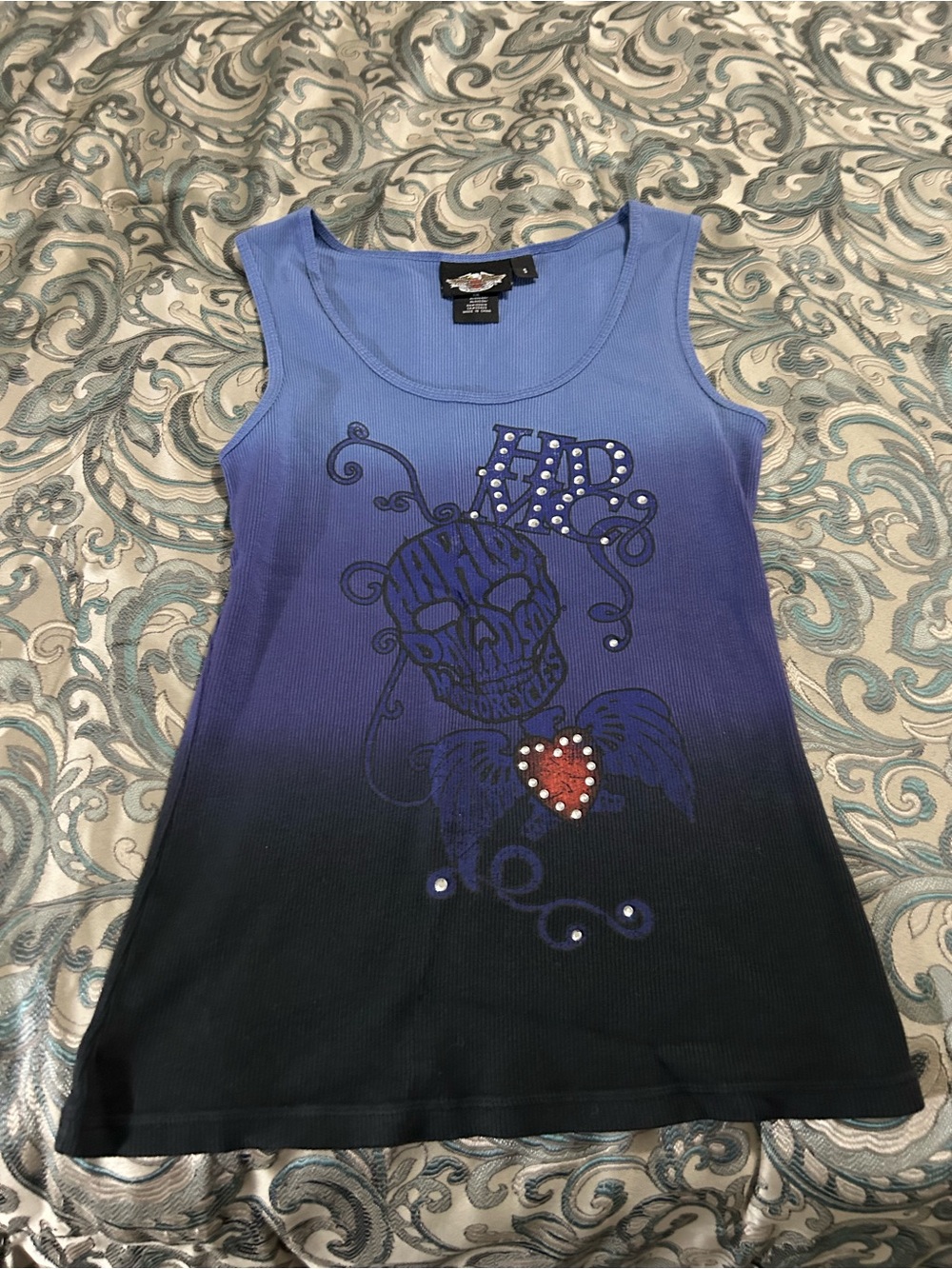 Harley-Davidson Blue to Black Ombre Skull Heart Tank Top